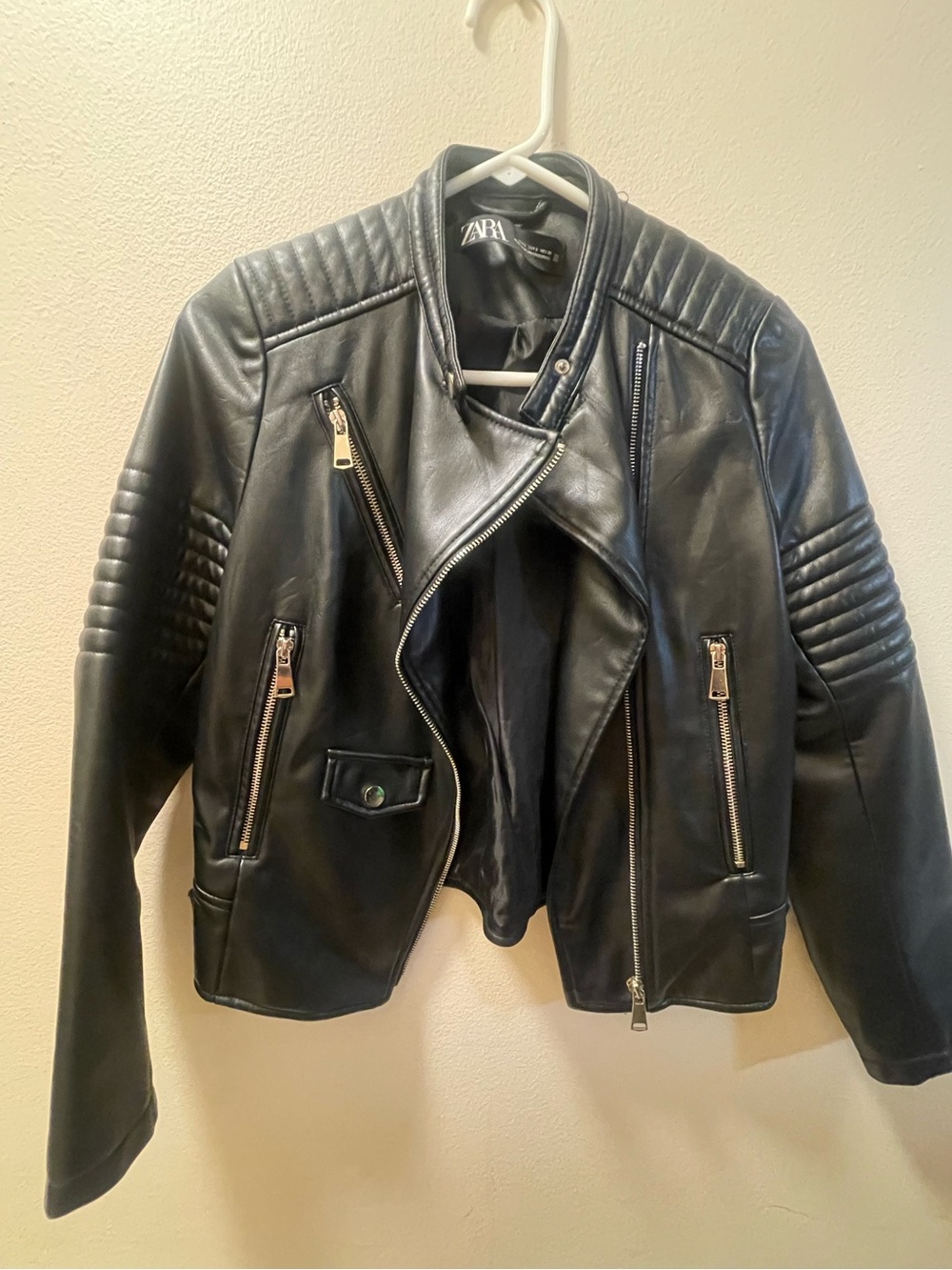 ZARA Black Quilted Faux Leather Moto Jacket with Zip Details